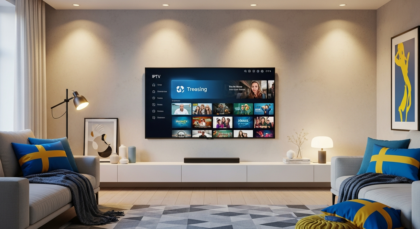 Modern nordisk vardagsrum med IPTV-streaming på stor smart-TV